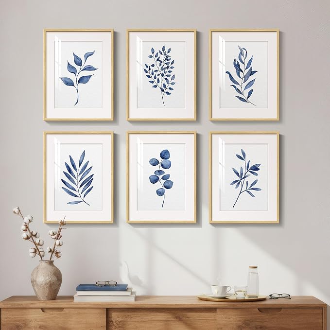 Framed Minimalist Blue Botanical Wall Art for Living Room, 6 Piece 11x14 In | Watercolor plant pictures, Plexiglass with mat prints, Leaf wall decor, Contemporary home decor, Bedroom office artwork