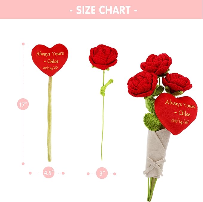June Garden 17" Crochet Rose Flower Bouquet with Customizable Heart – 3 Soft Plush Rose with Bendable Stems – Personalized Embroidered Gift for Valentine’s Day, Anniversary or Home Décor