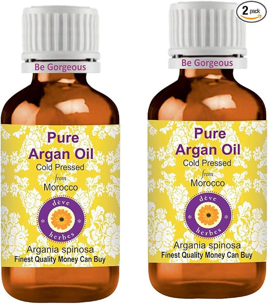 Deve Herbes Argan (Moroccan) Oil (Argania spinosa) | Cold Pressed | Pure | Natural | For Diluting Essential oils | For Hair, Skin & Massage | Non-Sticky | Lightweight | Unisex | 100ml X 2 (6.76 oz)