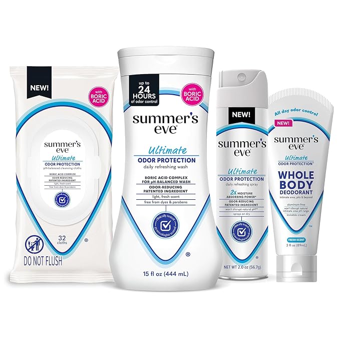 Summer's Eve Ultimate Odor Protection Bundle; 15oz Cleansing Wash, 32ct Feminine Wipes, 2oz Deodorant Spray, 3oz Whole Body Deodorant