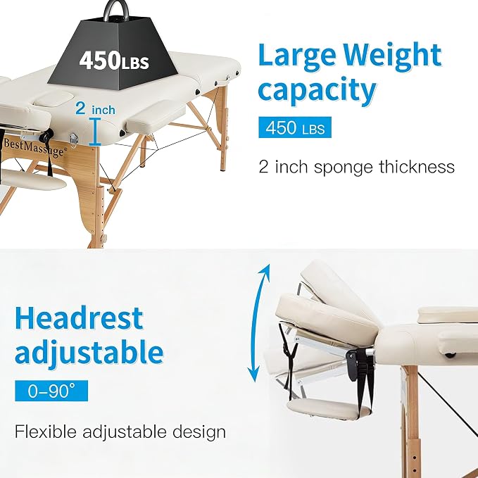 BestMassage Massage Bed Portable Massage Table 28 inch Wide Lash Bed Height Adjustable PU Leather 2 Folding with Towel Hanger Oil Pouch Half Bolster Round Bolster Non-Woven Bag