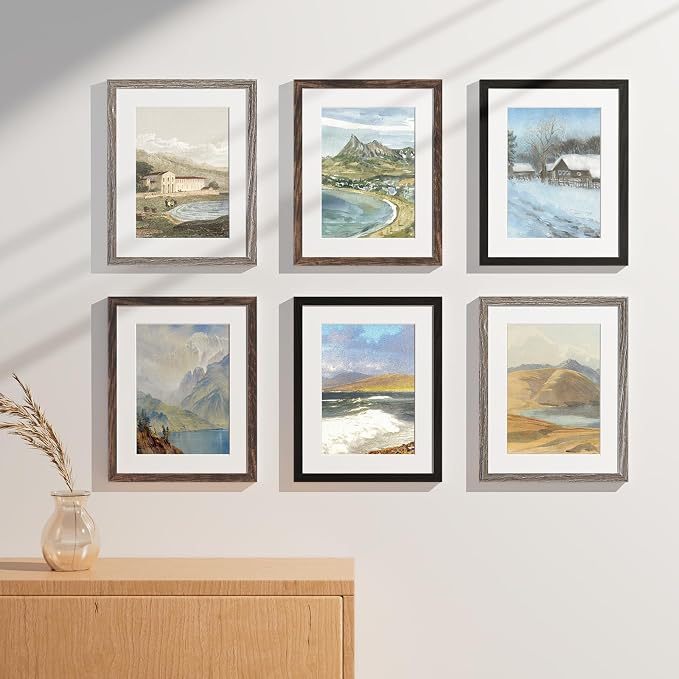 Vittanly 11x14 Picture Frames Set of 9, Black&Brown&Dark Grey | Display Pictures 8x10 with Mat or 11x14 without Mat, Engineered Wood with Shatter Resistant Plexiglass, Gallery Photo Frames