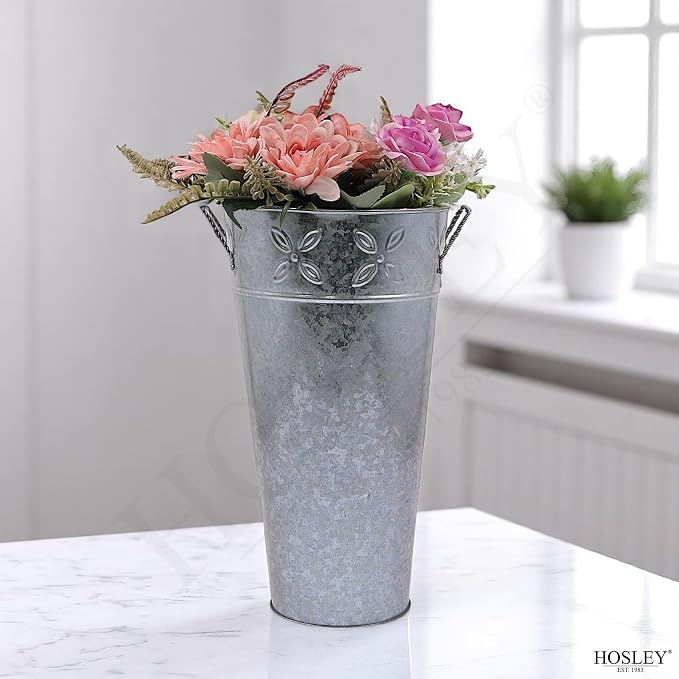 Hosley Set of 3 Galvanized Metal Vases, 12” Tall x 6.5” Dia French Bucket Style, Rustic Farmhouse Flower Vase for Weddings, Events, Home Décor