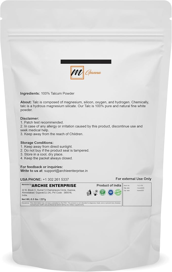 100% Natural Talc Powder for Facial Make-up, Absorption, Lubrication, and Multi-Purpose 0.5 LBS / 227 GMS