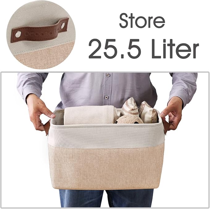 DECOMOMO Storage Bins, Large Fabric Storage Baskets for Shelves 4 Pack | 15 x 11 x 9.5 inches Decorative Linen Closet Organizers (Beige & White)