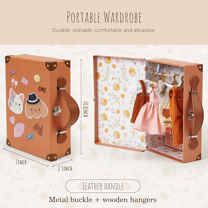 Golray Portable Dress Up Plush Doll Set with Storage Case, Cat & Dog Stuffed Animal Toys, Doll Clothes with Wooden Hangers & Suitcase Wardrobe Travel-Ready Toy Organizer, Gifts for Girls Ages 3+