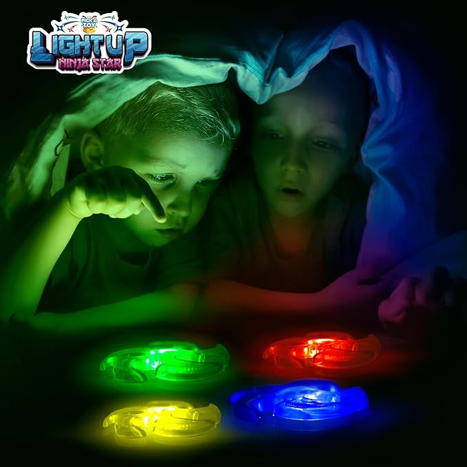 PICK A TOY Light Up Ninja Flyers Set, 4 LED Electronic Stars, Heavy Duty Rubber Throwing Discs, Interactive Kids Toys for Tossing Games and Play, 4 Colors (Red, Blue, Yellow, Green)