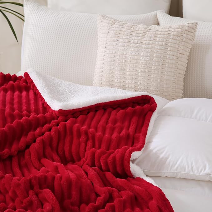 Red Sherpa Fleece Throw Blanket 60”×80”for Couch Sofa Bed | Double Side Soft Fuzzy Cozy Plush Thick Flannel Blanket with Striped Design Gift for Adults,Woman