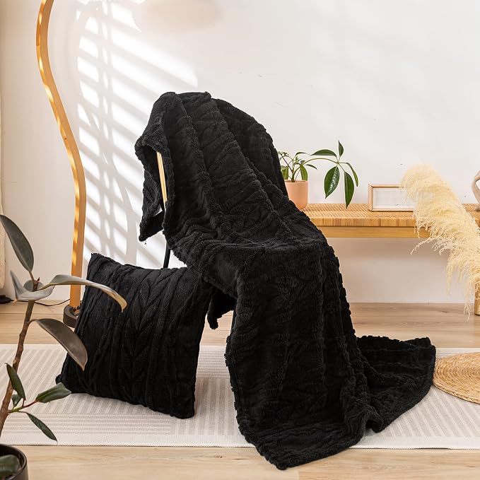 YUSOKI Sherpa Fleece Large Throw Blanket, Black, 50"x65" | 3D Stylish Design,320GSM, Non-Shedding, Lightweight for All Season Use, stays fluffy after repeated washes, Perfect Gifts