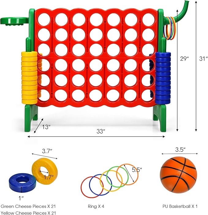 COSTWAY Jumbo 4-to-Score Giant Game Set for Kids & Adults, 2.5Ft Indoor Outdoor Game with Basketball Hoop, Ring Game, 42 Jumbo Rings, Quick-Release Slider, Perfect for Birth & Holiday Party