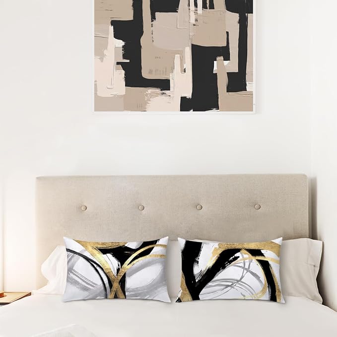 Black White and Gold Pillow Covers, Abstract Black and Gold Pillow Covers 16x24 Set of 2, Modern Boho Home Decor, Black and Gold Decorative Throw Pillows Cover for Couch Living Room Bedroom