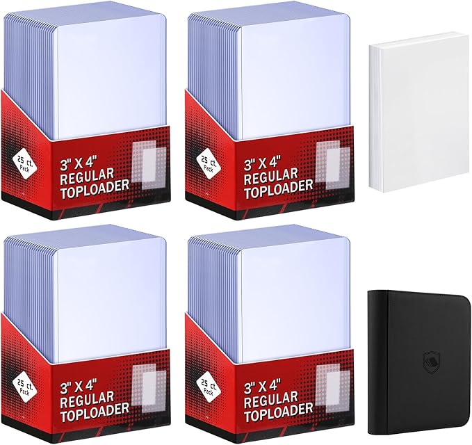200 Card Sleeves Top Loaders for Cards Included 96 Pockets Top Loader Binder, 3" x 4" Baseball Card Protector Hard Plastic Card Holder for Sports Trading Cards (100 Toploaders + 100 Soft Sleeves)
