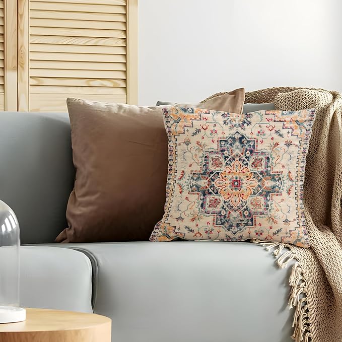 Boho Throw Pillow Covers 18x18 inch Set of 2,Bohemian Vintage Carpet Pattern Antique Ethnic Decor Double Sided Pattern Cushion Cover Soft Pillow Case Living Sofa Room Bed Square Pillow Cover