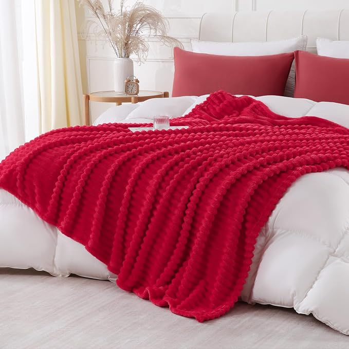 Cherry Red Throw Blanket for Couch Sofa 50x60 inches Striped Design | Fleece Blankets Room Home Decor Lightweight Plush Soft Cozy Gifts for Women Mom