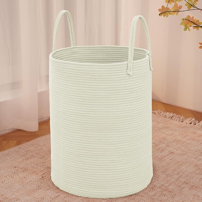 JMvicyroam 60L Cotton Rope Laundry Basket Hamper, White | Collapsible laundry basket, reinforced handles, freestanding, machine washable, holds 3-5 thick blankets, clothes or toys