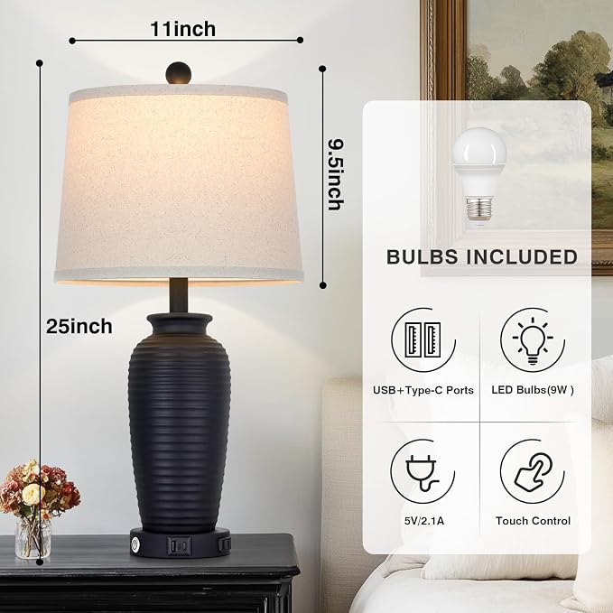 CINSARY 25" Retro Black Farmhouse Jar Table Lamps, 3 Way Touch Control Rustic Bedside Lamps with USB A+C Ports & AC Outlet, Pot Nightstand Lamps for Bedroom Living Room (LED Bulbs Included)