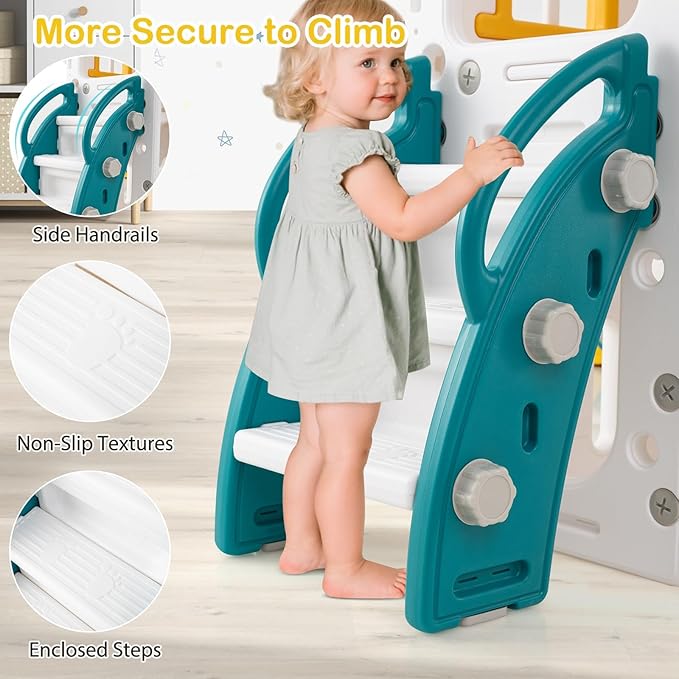 Costzon 10 in 1 Toddler Swing and Slide Set, Kids Slide and Climber Playset w/Aisle, Peek-a-Boo Window & Storage Space, Baby Indoor Playground for Aged 1+ (Yellow+Blue,100" × 59" × 40")