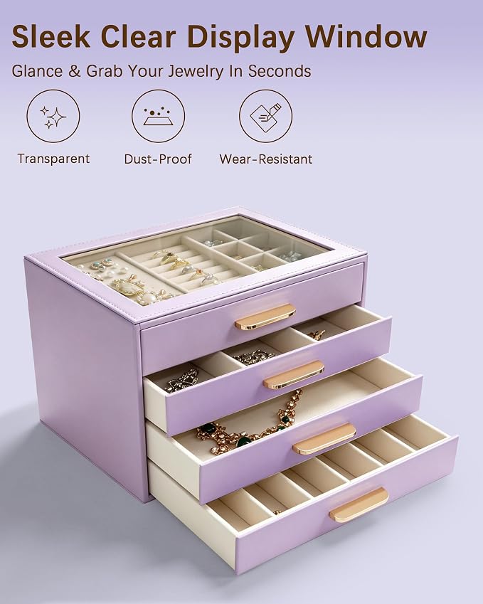 Homeanda Jewelry Boxes Organizer with Glass Lid, 4-Layer PU Leather, Purple | Modern style display case with 4 drawers for daily jewelry, women, mom or girl gift