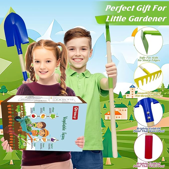 Qtioucp Kids Gardening Set with Wheelbarrow, Real Metal Garden Tools for Kids Ages 3-8, 4 Long Handle Tools, 3 Hand Tool, Gloves, 5 Stickers, Handbook, Outdoor Backyard Toys for Toddler Gift