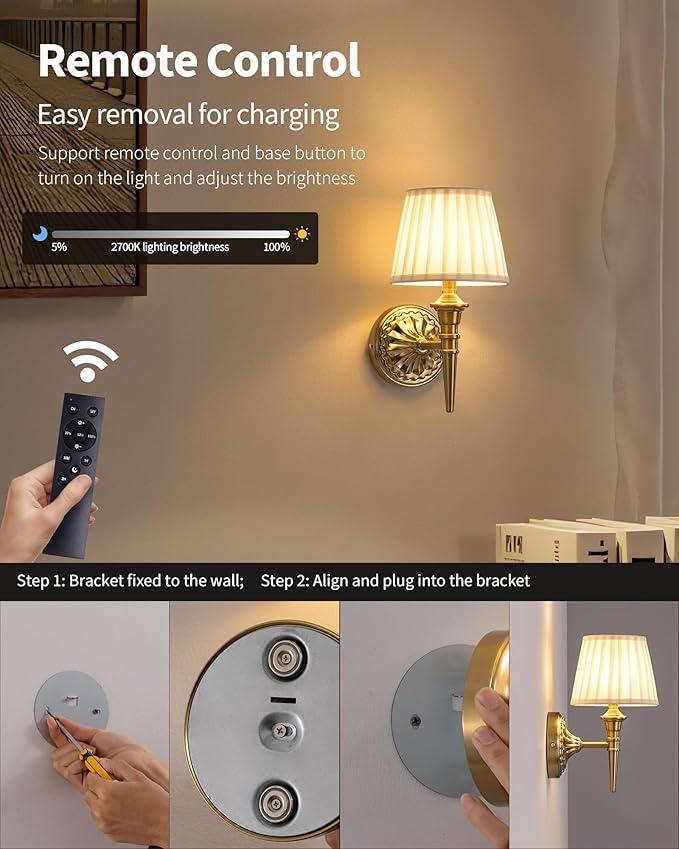 KDG Cordless Gold Wall Sconces Set of 2, Beige Fabric Lampshde Wall Lamps | Small LED Wireless Portable Rechargeable Battery Lighting for Wall Painting, Living Room, Bedroom, Hallway, Gifts, Nightlight