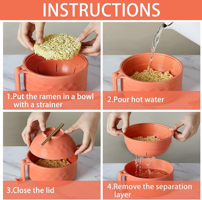 1 Set Microwave Ramen Cooker 40oz Wheat Straw Microwave Noodle Bowl Set with Chopsticks, Spoon, Fork, College Dorm Office Apartment Essentials (Orange)