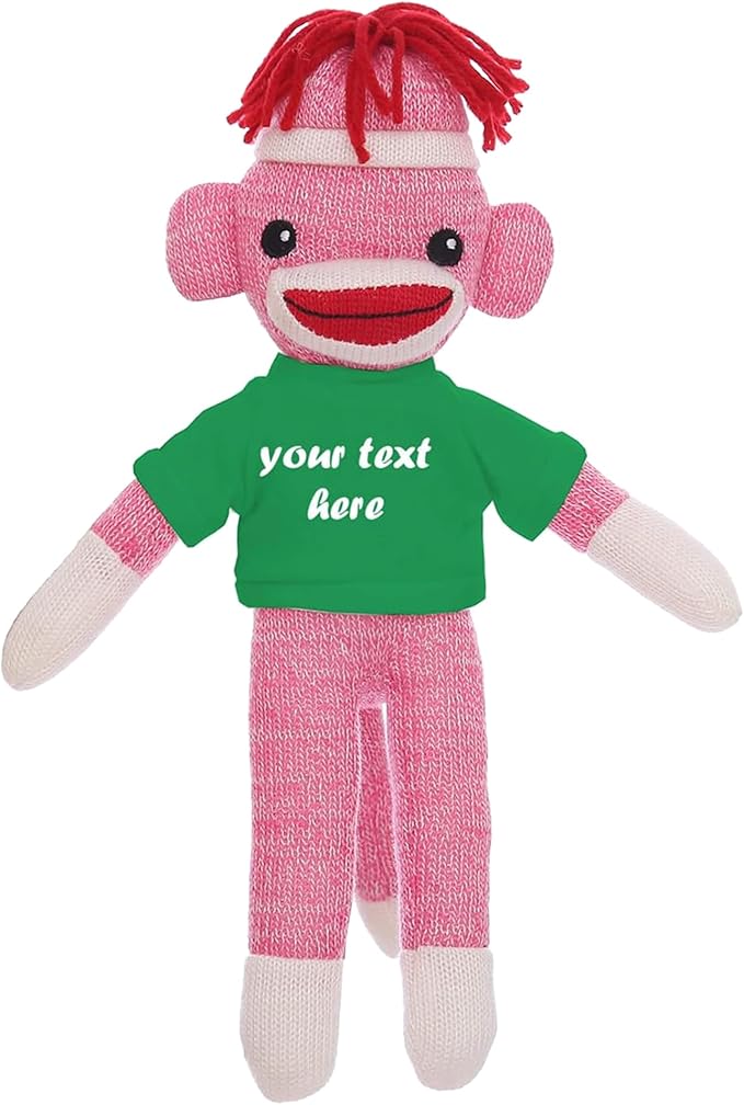 Personalized Huggable Pink Sock Monkey 8 Inch Plush Stuffed Animal Gift - Custom Text on Shirt - Perfect for Halloween Day Valentine's Day Graduation Day Birthday Present (Kelly)