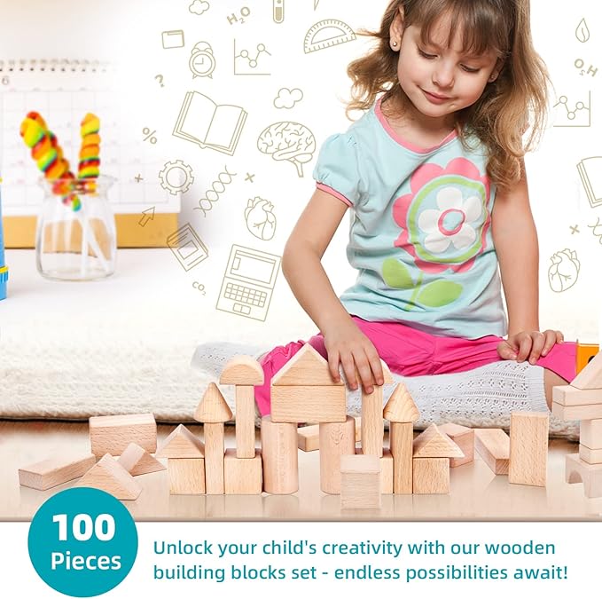 Kids Wooden Blocks - 100 Pcs - Building Blocks for Toddlers - Natural Beech Wood Blocks - Preschool Learning Toys Stacking Block