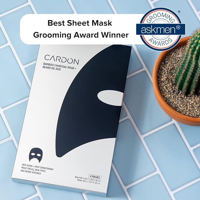 Cardon Complete Face & Beard Care Sheet Masks for Men - Korean Face Masks Skincare with Bamboo Charcoal Detox + Premium Beard Oil - 4 Pack for Deep Hydration, Anti-Aging & Post-Shave Comfort