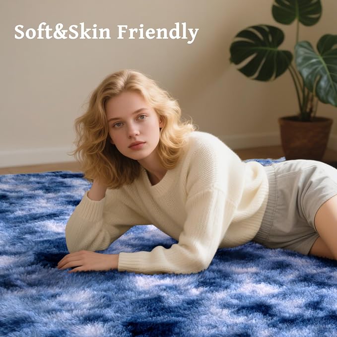 5x7 ft Fuzzy Rug for Living Room Soft Fluffy Blue White Bedroom Area Rugs Non-Slip Shaggy Carpet for Nursery Kids PlayRoom Dorm Office Indoor Modern Plush Carpets