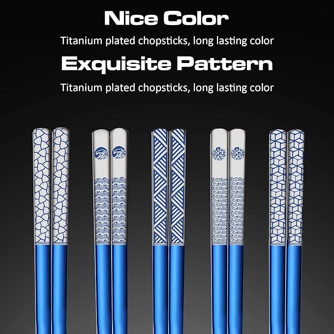 Metal Chopsticks - Reusable 18/8 Stainless Steel, Titanium Laser Engraved - Premium Lightweight Japanese Korean Chopsticks - Dishwasher Safe - 5 Pairs Gift Set (Blue)