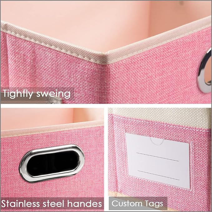 Collapsible Storage Bin with Lid [3-Pack] Fabric Foldable Storage Box Organizer Container Basket Cube with Cover for Home Bedroom Closet Office Nursery Pink&Cream(14.9x9.8x9.8)