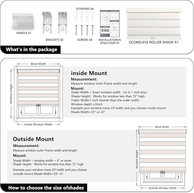 AOSKY Cordless Zebra Blinds for Windows Pull Down Roller Window Shades Dual Layer Light Filtering Privacy for Day and Night, Free-Stop Door Shades for Home Easy to Install (34.5" W X 72" H，Beige)