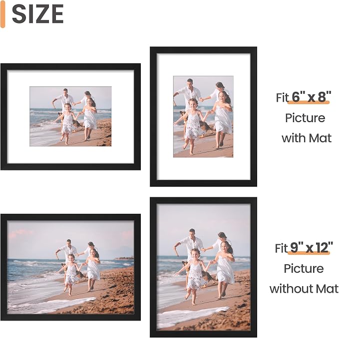 upsimples 9x12 Picture Frame Set of 5, Display Pictures 6x8 with Mat or 9 x 12 Without, Wall Gallery Photo Frames, Black