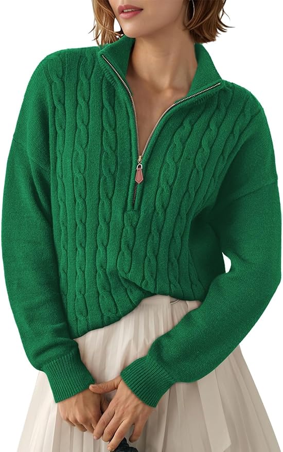 Dokotoo Women's Sweaters 2026 Fall Winter Quarter Zip Ribbed Cable Knit | Long Sleeve,Polo Neck,Lightweight Knit Pullover,Soft Comfy Tops,Casual Trendy Outfits,Fashion Clothing