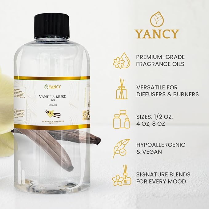 YANCY Vanilla Musk Home Collection Fragrance Oil (4 oz), Luxurious Vanilla and Musk Scent, Warm Fragrance for Diffusers, Oil Burners & Aroma Lamps, Cozy Scent for Relaxing Home Spaces