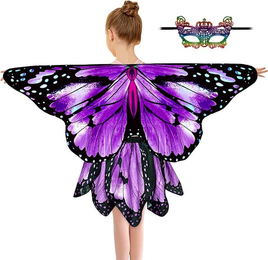 Kids Butterfly Wings Costume for Girls Fairy-Wings Toddler Dress Up Play Costumes Butterfly Skirt Set Mask Party Favors Gifts(Purple+skirt sets)
