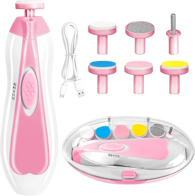 Qunlions life Baby Nail Trimmer Electric, 6 in 1 Rechargeable Baby Nail Clippers Manicure Set Grooming Kit for Toddler Infant or Adults (Pink)