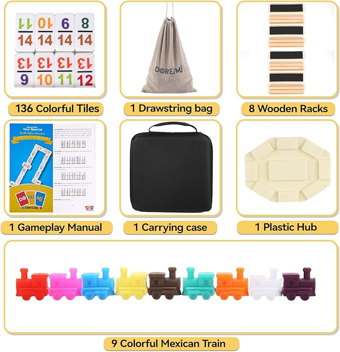 Double 15 Mexican Train Dominoes Set with 8 Wooden Holders, 136 Number Tiles Portable Travel Board Game for Kids and Adults Family Game Night
