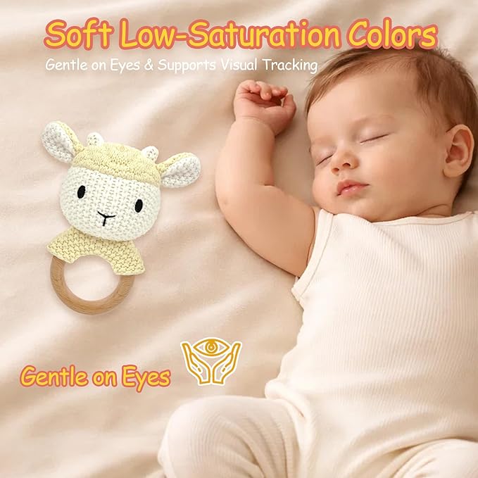 Sheep Baby Rattle for Newborn Plush Rings Crochet Lamb Teether Toy Wood Handle Textured Sensory Grip Fine Motor Skills Teething Toy Cute Farm Animal Plush Stuffed Stuffer Photo Prop
