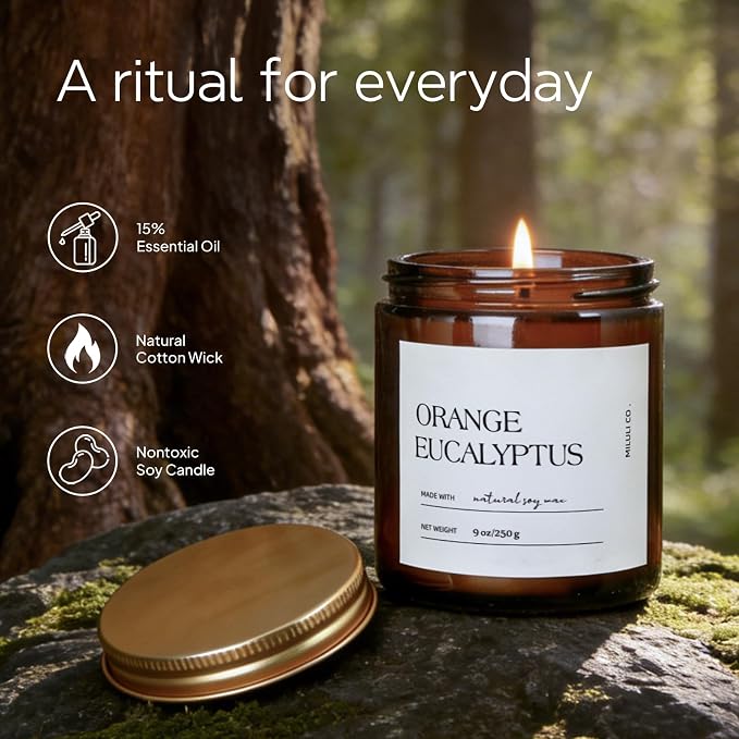 Eucalyptus Orange Scented Soy Candle for Home, Natural Aromatherapy Candles with Essential Oils, Nontoxic Clean Burn, Strong Balanced Scent, 50 Hour Longlasting, Amber Jar Candel for Relax(9oz)
