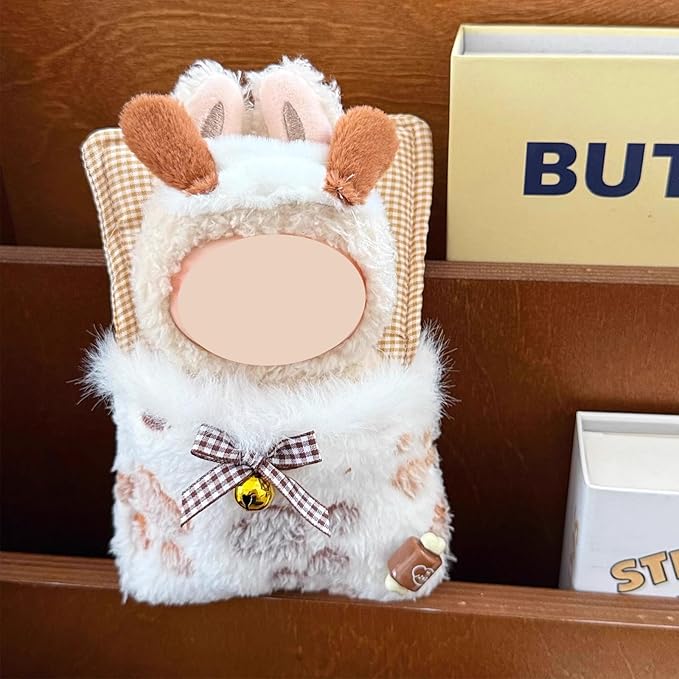 Pajama for Labubu, 2pcs Clothes Accessories Set for 17cm Doll, Plush Sleep Bag and Cute Sleeping Hat Nightcap Hairpin, Animal Kawaii Costume Outfits Collection (No Doll Included) (Brown Dog Set)