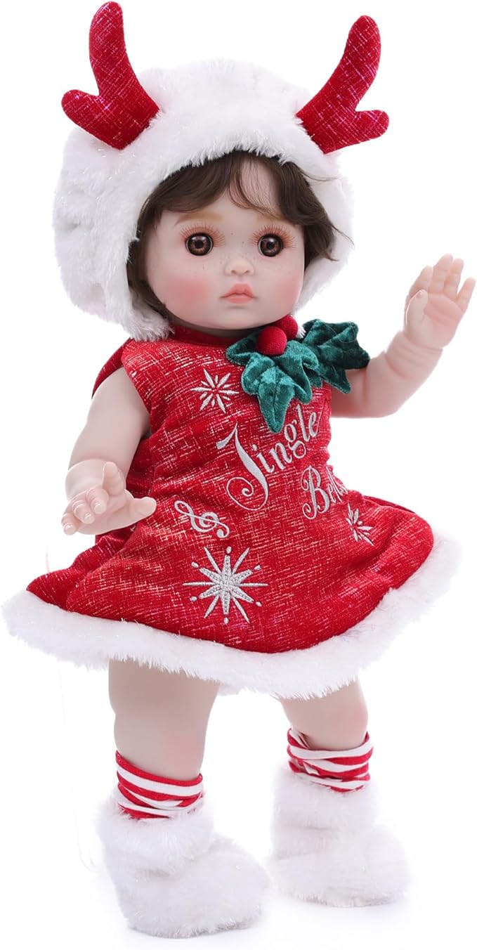 Baby Dolls, 18 Inch Realistic Reborn Full Vinyl Baby Doll with Brown Curly Hair, Hand-Painted Freckles & Cozy Red Outfit for Girls Ages 3+, Pretend Play, Display & Collection