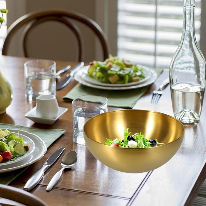 Stainless Steel Salad Bowl Gold Mixing Bowls 10 Inch Nesting Bowl Deep Snack Bowl Korean Large Serving Bowl for Kitchen Mixing Cooking Baking Prepping, 25.00X25.00X11.00CM, Golden