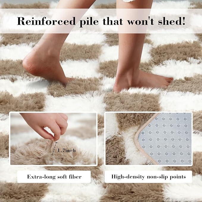 Checkered Rug for Living Room, 6x9 Beige and White Area Rugs, Classic Checkered Carpets Shag Area Rug, Bedside Rugs for Living Room Bedroom Room Home Decor
