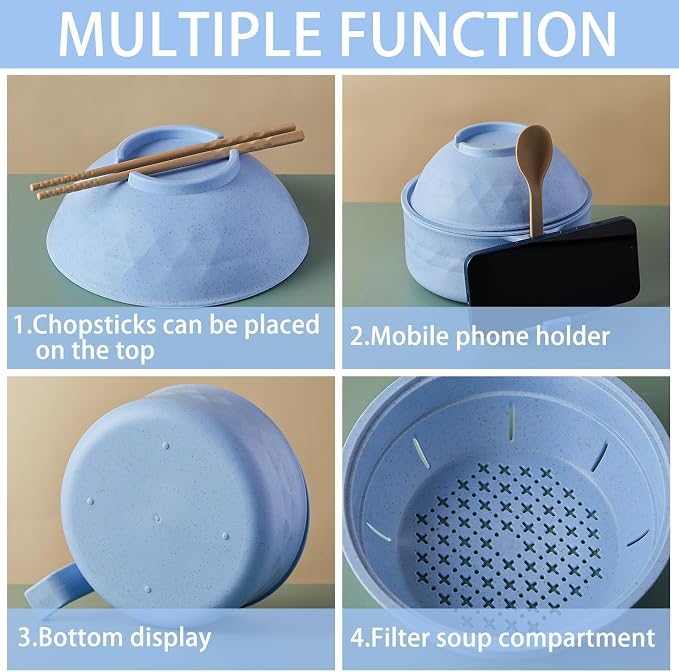 1 Set Microwave Ramen Cooker 40oz Wheat Straw Microwave Noodle Bowl Set with Chopsticks, Spoon, Fork, College Dorm Office Apartment Essentials (Light Blue)