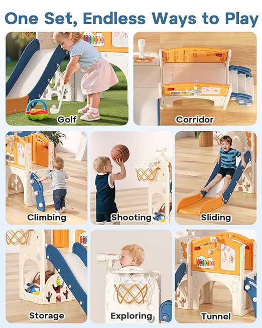 BIERUM Toddler Slide Set, 13 in 1 Kids Indoor Slide for Toddler 1-3, Indoor Outdoor Toddler Slide Playset with Basketball Hoop, Golf Game & Drawing Board, Baby Indoor Slide Playground, Blue&Yellow