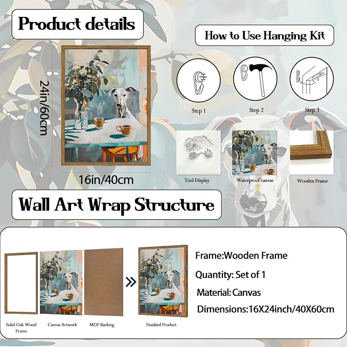 Funny Dog Wall Art, Whimsical Whippet Wall Decor Painting Cute Greyhound Poster Canvas Print Animal Artwork for Dining Room Kitchen Living Room 16x24 inch Wood Framed
