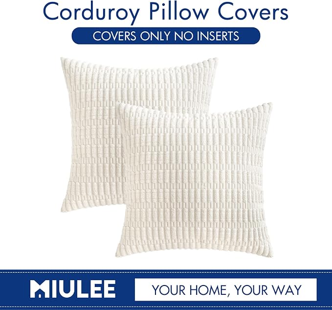 MIULEE Corduroy Decorative Throw Pillow Covers 16x16 Pure White Pack of 2 | Soft Boho Striped Pillow Covers Modern Farmhouse Home Decor For Sofa Living Room Couch Bed
