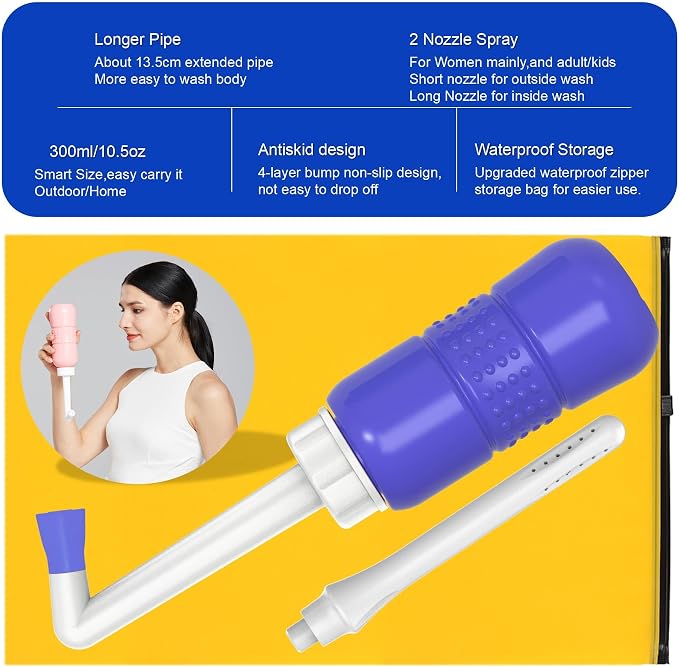 2pcs-Pack Peri Bottle 2IN1 Vaginal Douche- Postpartum and Perineal Care -Portable Hand Held 300ml Travel Bidet Sprayer for Women or Men -Handheld Jet Spray Bottle for Toilet-Portable Bidet-Blue+Pink