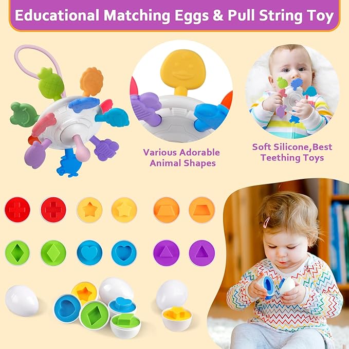 Baby Toys for 6 to 12 Months, Montessori Sensory Bins & Teething Toys, 6 in 1 Stacking Blocks, Rings, Eggs, Spinner, Crab Shape, 27 Pieces, Ages 6-36 Months